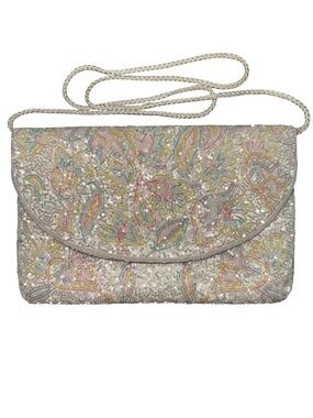 Vintage Carolyne Barton Night Beaded Evening Bag Silver Paisley Shoulder Purse